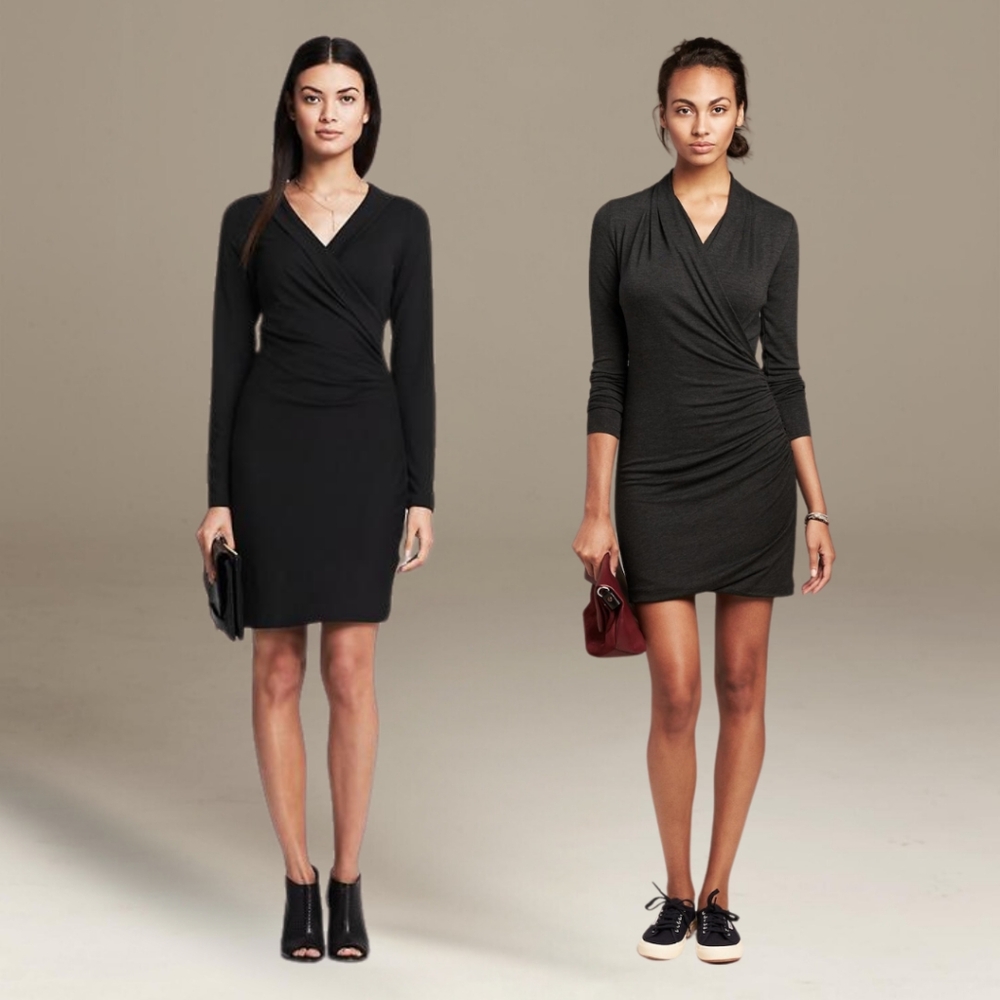 BANANA REPUBLIC Faux-Wrap Black Long Sleeve Wrap Dress